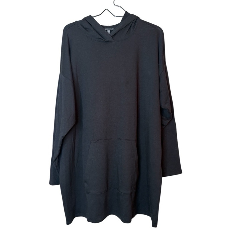 Eileen Fisher Black Organic Cotton Blend Hooded Shirt Size Large Kangaroo Pocket